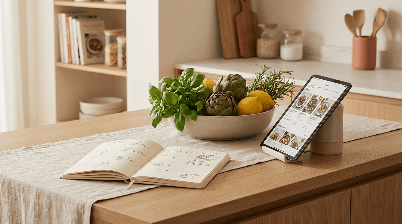 Kitchen counter with fresh herbs, lemons, and a meal-planning app on a tablet