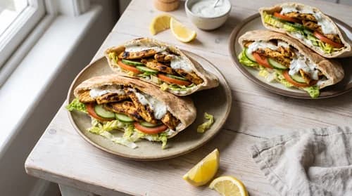 Chicken shawarma pittas with salad and yogurt sauce