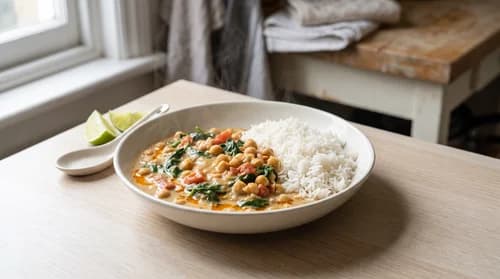Creamy coconut chickpea curry with spinach and rice