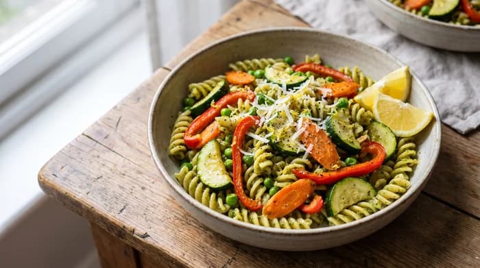 Pasta primavera with colourful vegetables and grated cheese