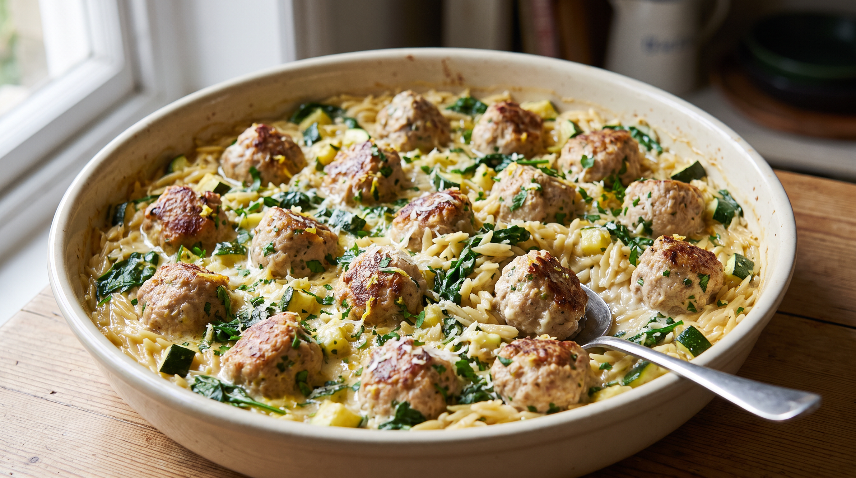 Lemony Turkey Meatball Orzo Bake