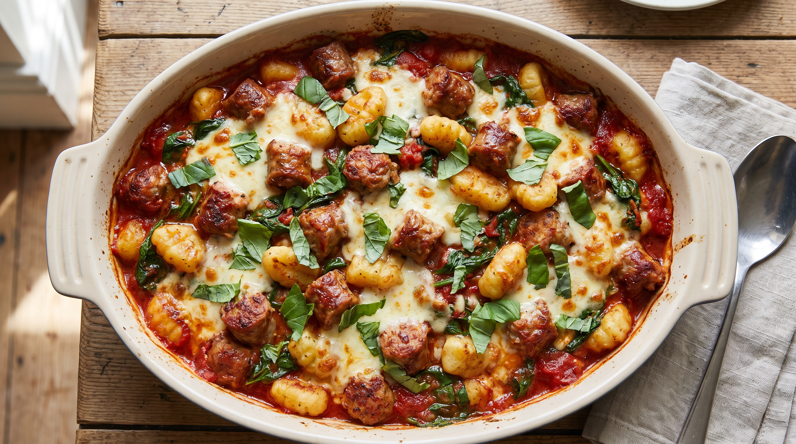 Sausage, Tomato and Spinach Gnocchi Bake