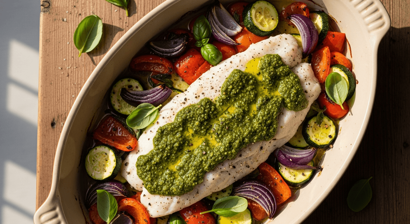 Baked Pesto Fish with Vegetables